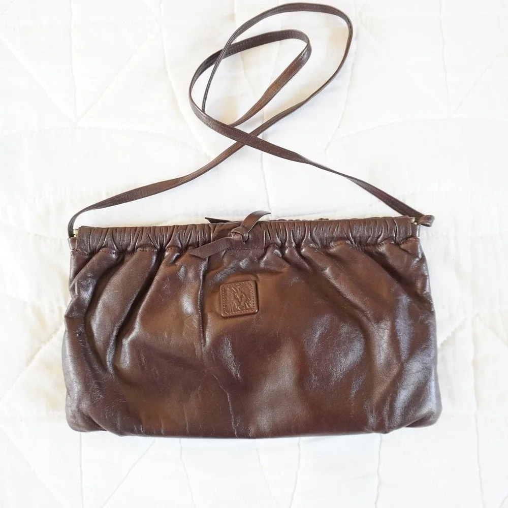 VTG Anne Klein for Calderon Burgundy Brown Leather Gathered Clutch Crossbody Bag